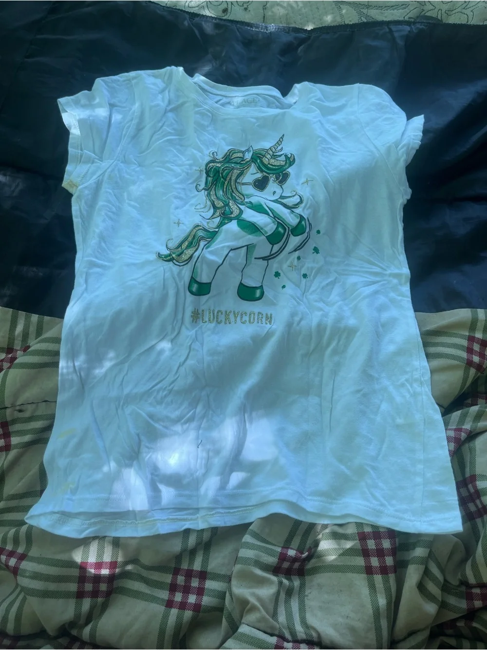 The Children's Place White Tee with Green Unicorn Graphic